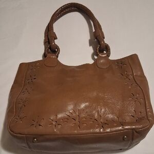 Clarks Tan Leather Shoulder Bag with Cut-Out Design and Braided Handles.
